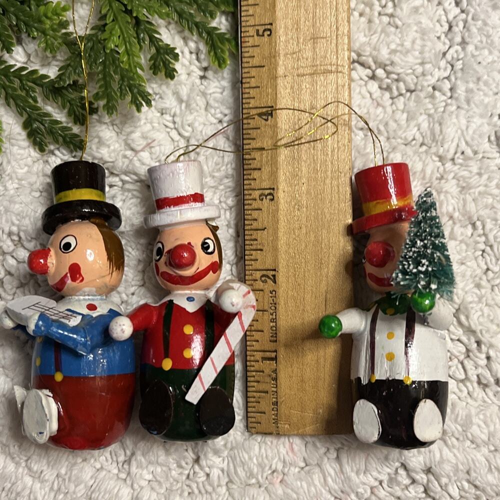Lot of 3 Vintage Clown Colorful Wooden Ornaments Top Hats Tree 3.25” Christmas - Picture 8 of 8